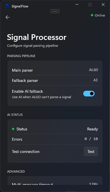 SignalFlow Windows App dual parser (algorithmic + AI)