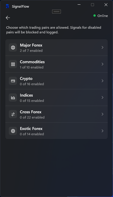 SignalFlow Windows App pair filter management