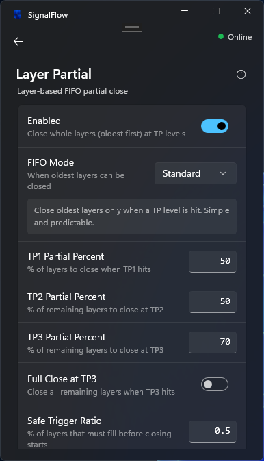 SignalFlow Windows App layer partial close settings