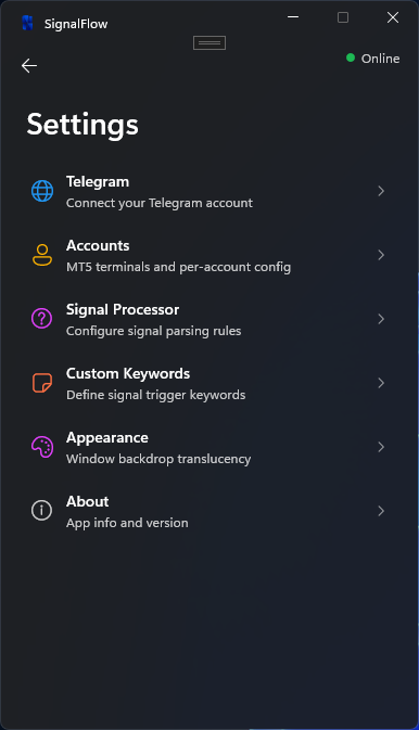 SignalFlow Windows App settings page