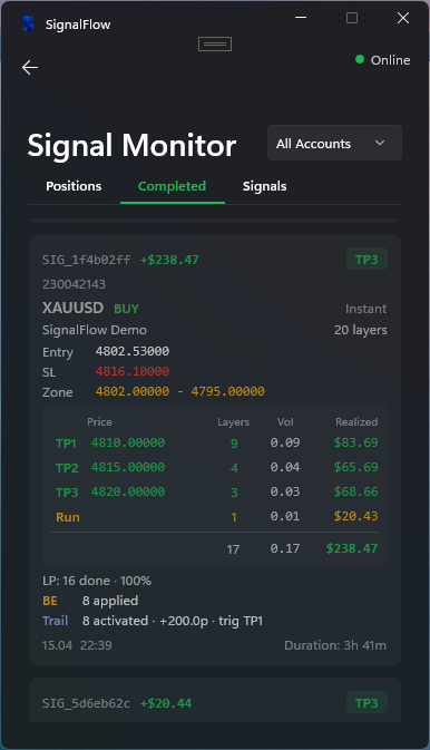 SignalFlow Windows App completed signal position view